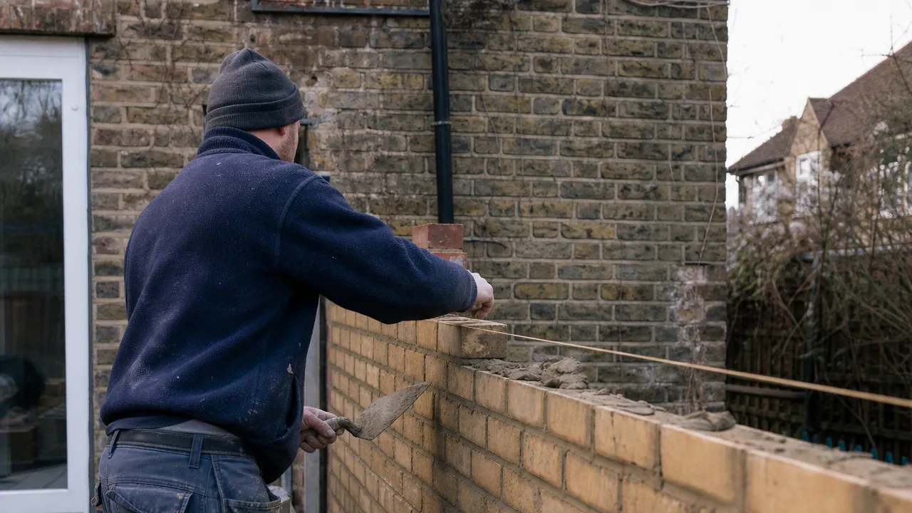 A bricklayer laying a course of London stock brick on a domestic extension