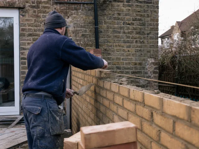 A bricklayer laying a course of London stock brick on a domestic extension
