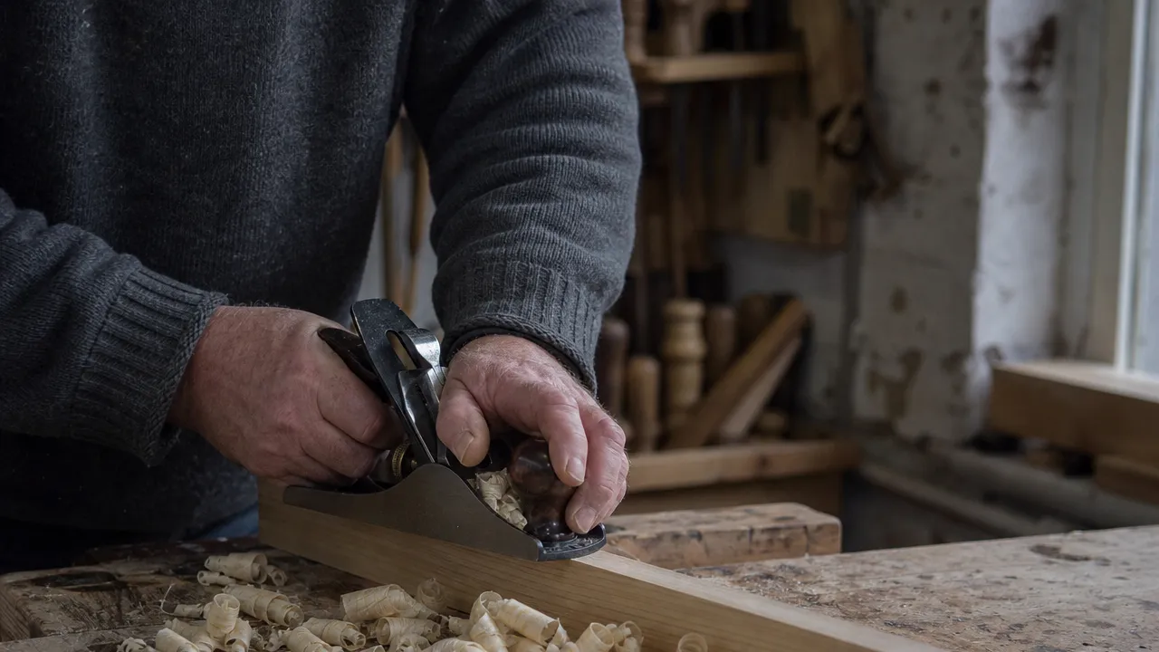A carpenter marking out timber on a workbench in a small UK workshop