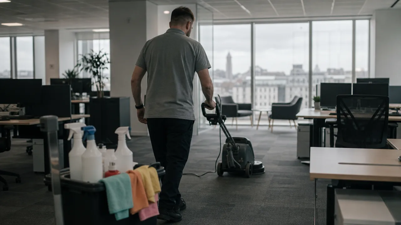A cleaner working through a small UK office early in the morning before the working day