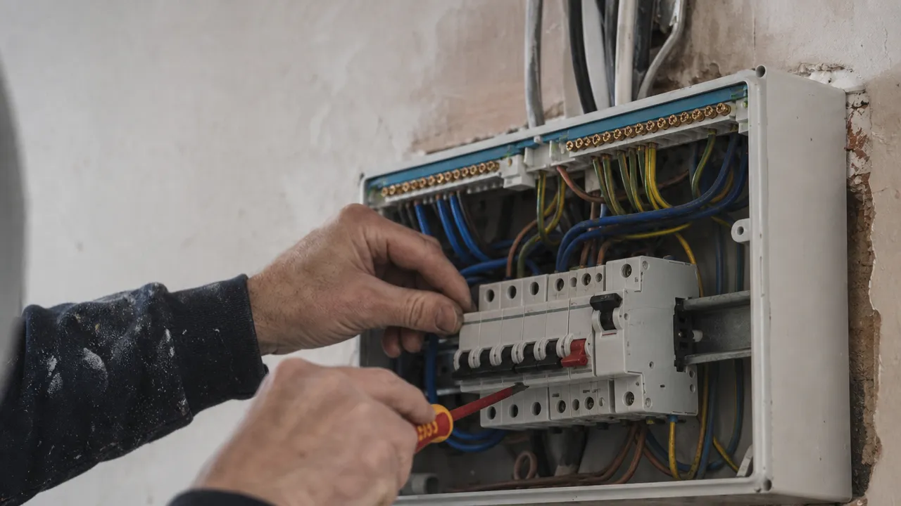 An electrician terminating cables into a consumer unit on a plaster wall
