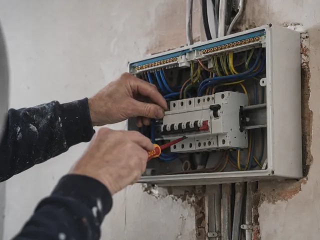 An electrician terminating cables into a consumer unit on a plaster wall