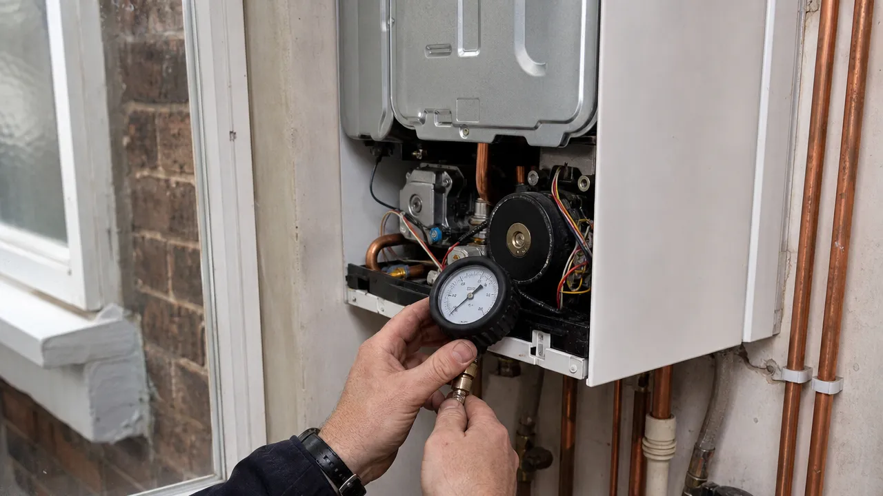 A Gas Safe registered engineer servicing a domestic boiler with a flue gas analyser