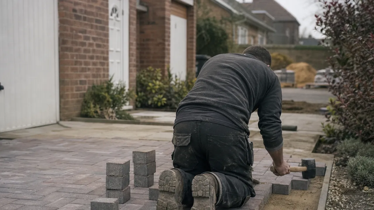 A landscaper laying block paving across a suburban driveway