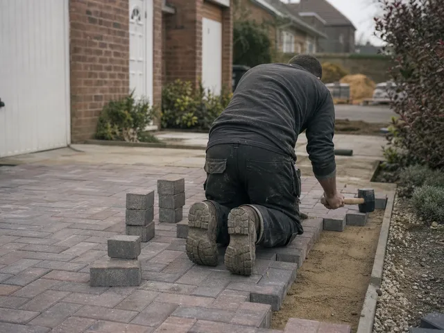 A landscaper laying block paving across a suburban driveway