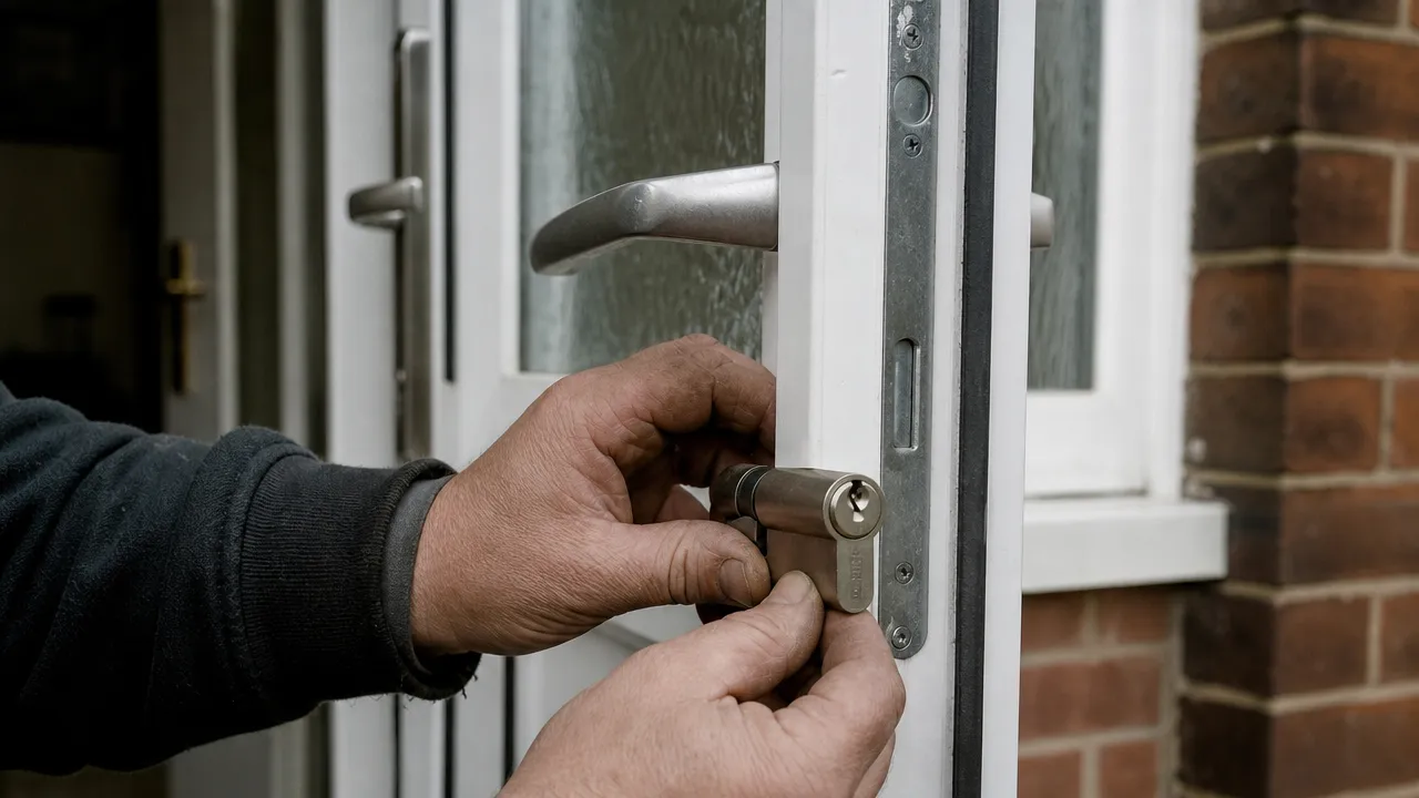A locksmith fitting a euro-cylinder lock into the door of a terraced house