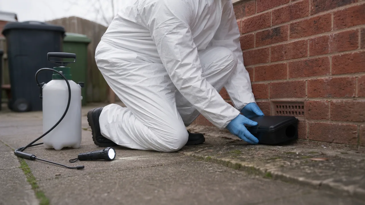 A pest control technician placing a tamper-resistant bait station at the base of a house wall