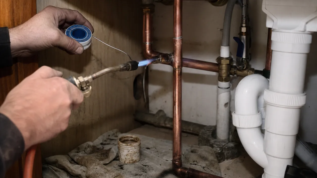 A plumber soldering a copper pipe joint under a kitchen sink