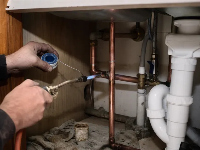 A plumber soldering a copper pipe joint under a kitchen sink