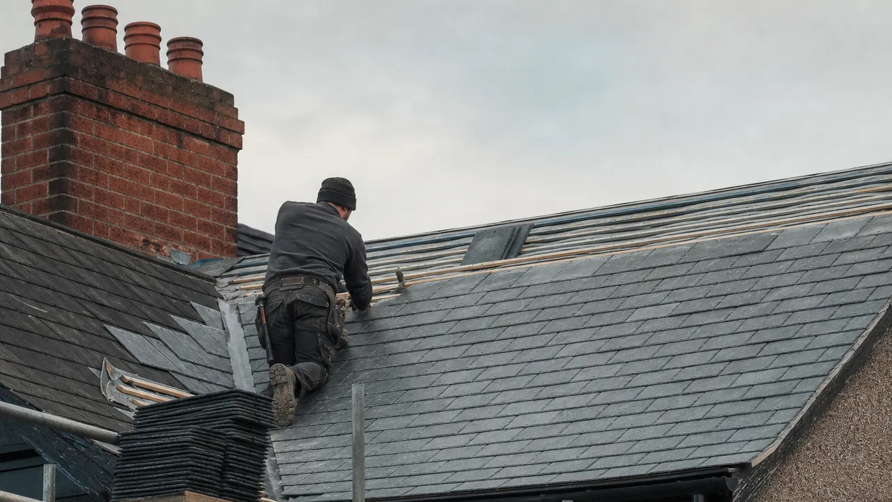 A roofer re-slating the pitch of a British semi-detached house from a scaffold