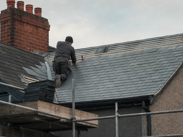 A roofer re-slating the pitch of a British semi-detached house from a scaffold