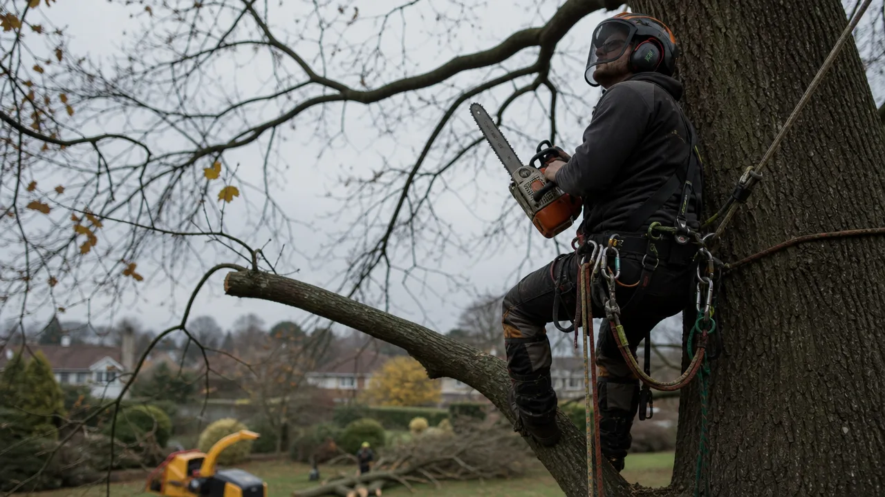 A roped arborist working in the crown of a mature tree above a suburban garden