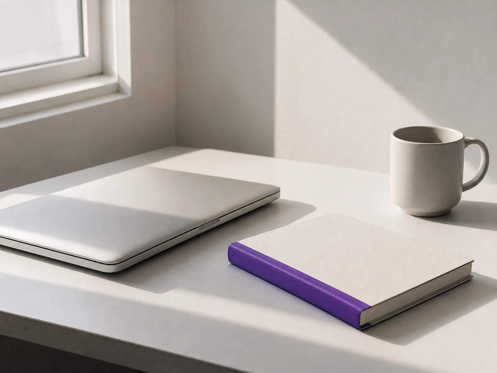 A closed laptop, a violet-spined notebook and a mug by a bright window