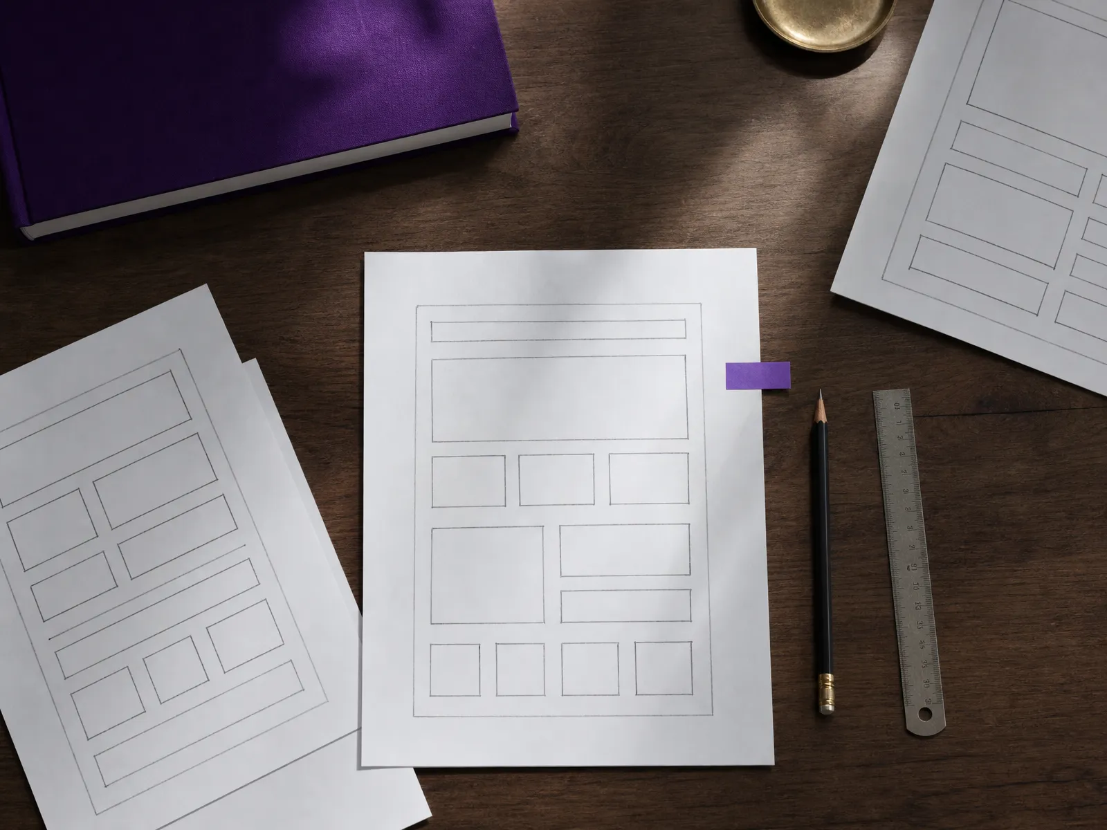 Hand-drawn website wireframe sketches and a ruler on a wooden desk