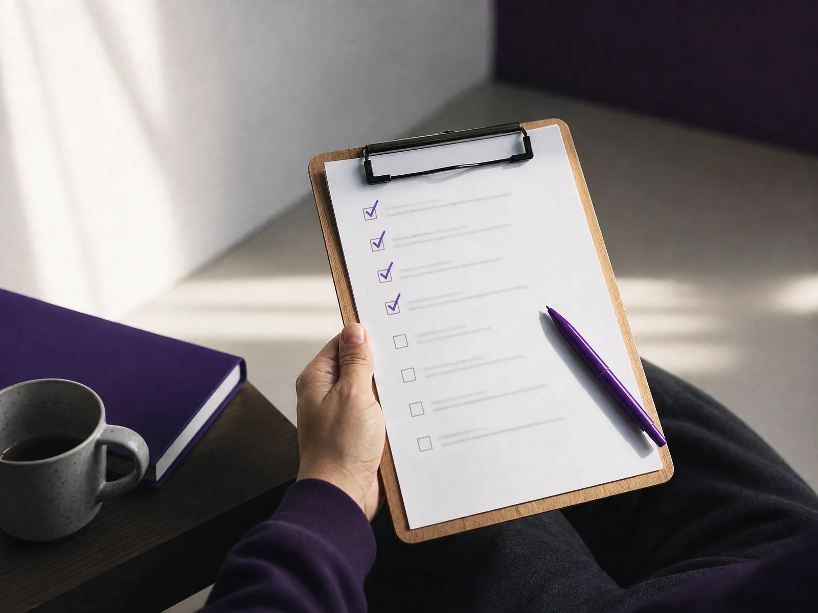 A hand ticking items off a printed checklist with a violet pen