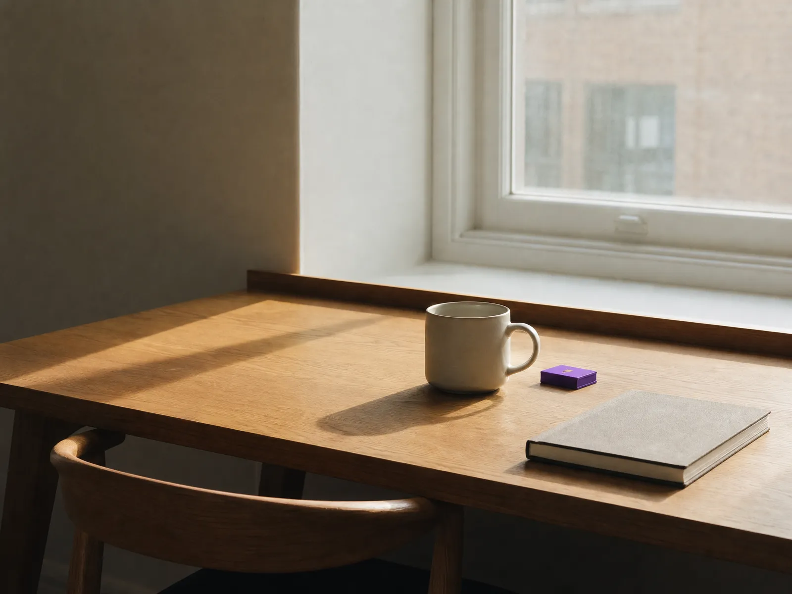 A calm, organised desk beside a bright window with a single violet detail